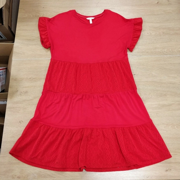 MATILDA JANE Enchanted Garden Dress Tiered Knit & Eyelet Red Oversized Small - Picture 2 of 13